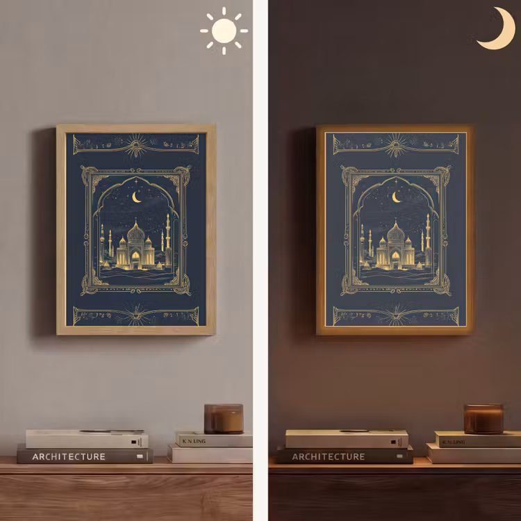 Moskee - Islam - Goud - Ramadan - Islamitische Light Box met batterij (Wandlamp) middel -sfeer3