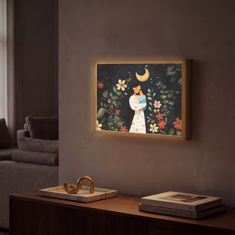Moeder - Kind - Kleurrijk - Bloemen Light Box met batterij (Wandlamp) middel -sfeer1