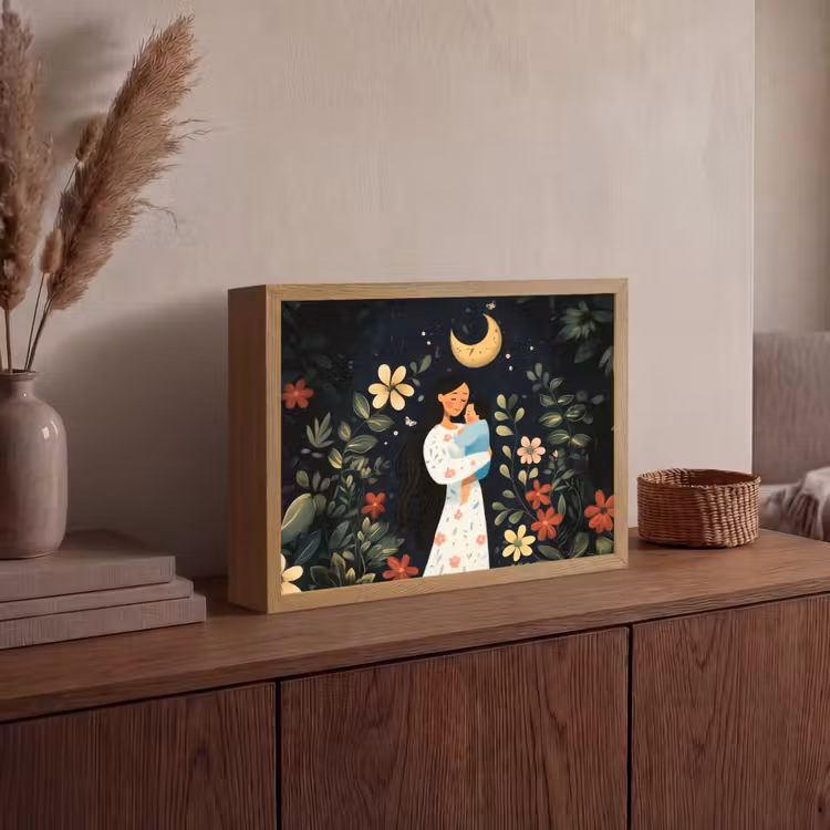 Moeder - Kind - Kleurrijk - Bloemen Light Box met batterij (Wandlamp) middel -sfeer2