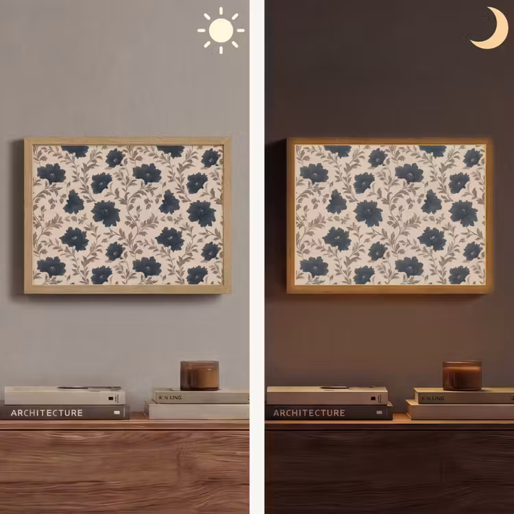 Motief - Bloemen - Zwart - Beige Light Box met batterij (Wandlamp) middel 907 -sfeer3