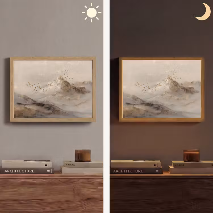 Berglandschap - Mist - Penseelstreken Light Box met batterij (Wandlamp) middel -sfeer3