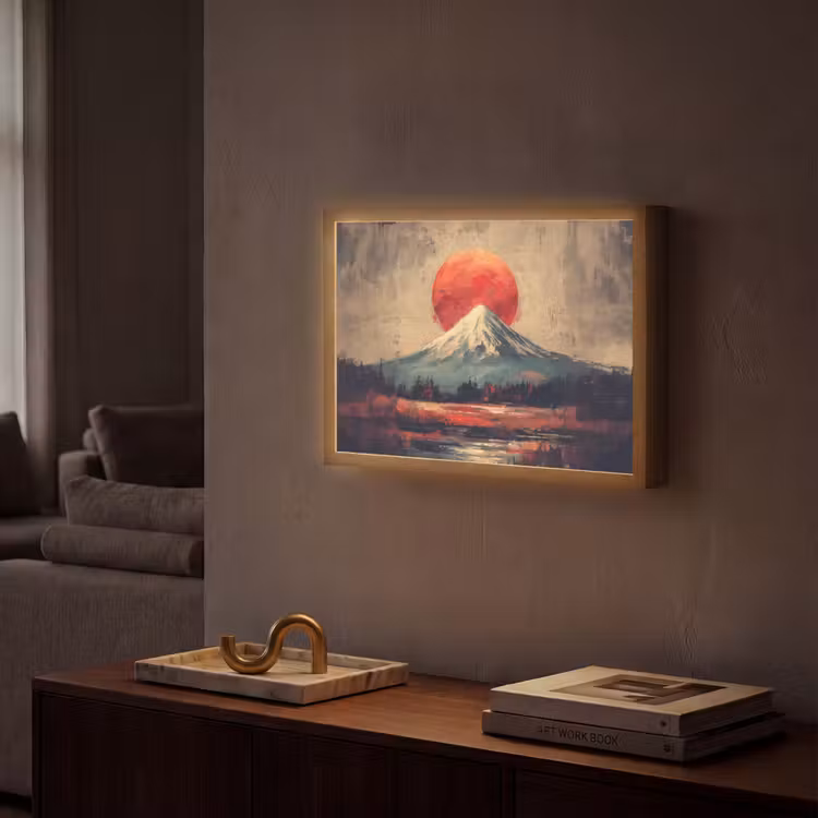 Bergtop - Sneeuw - Zon Light Box met batterij (Wandlamp) middel -sfeer1