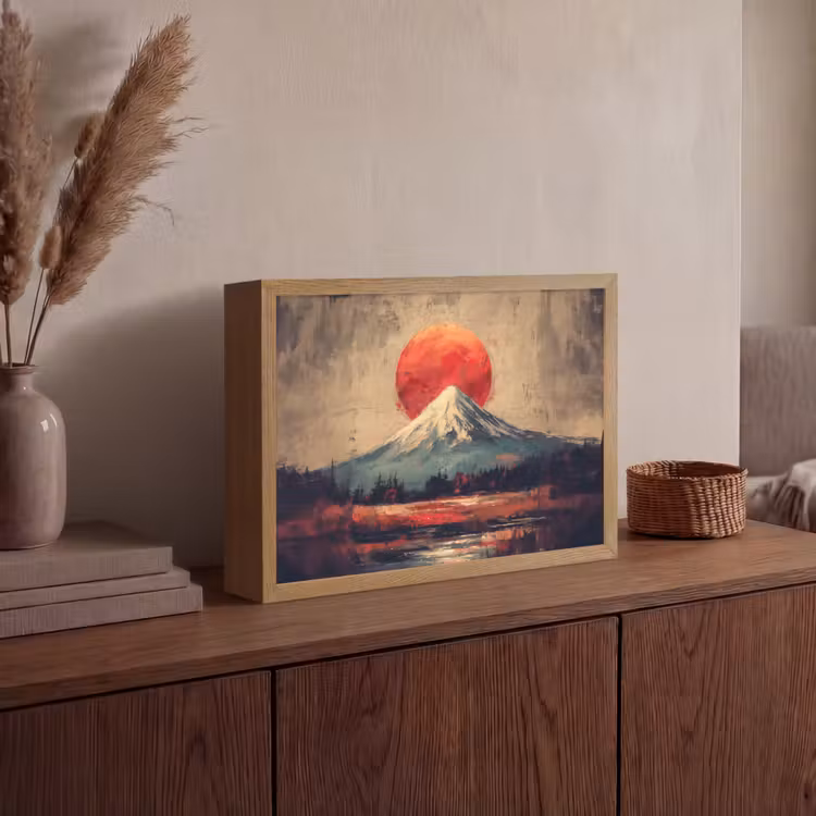 Bergtop - Sneeuw - Zon Light Box met batterij (Wandlamp) middel -sfeer2