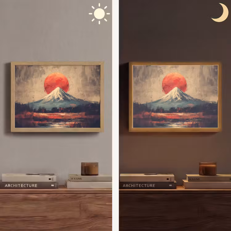 Bergtop - Sneeuw - Zon Light Box met batterij (Wandlamp) middel -sfeer3