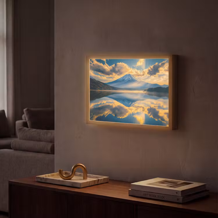 Berg - Rivier - Zonsondergang Light Box met batterij (Wandlamp) middel -sfeer1
