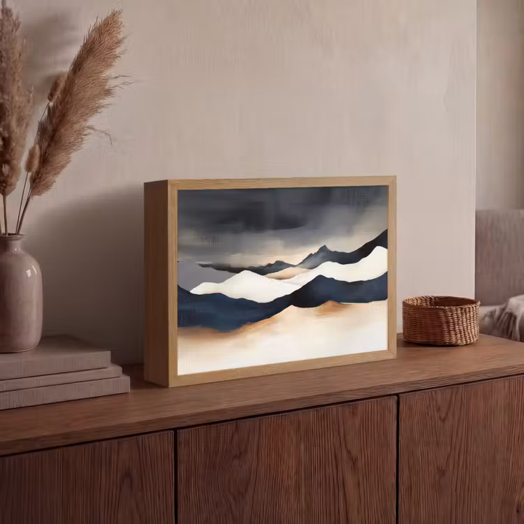 Bergen - Donkerblauw - Landschap Light Box met batterij (Wandlamp) middel -sfeer2