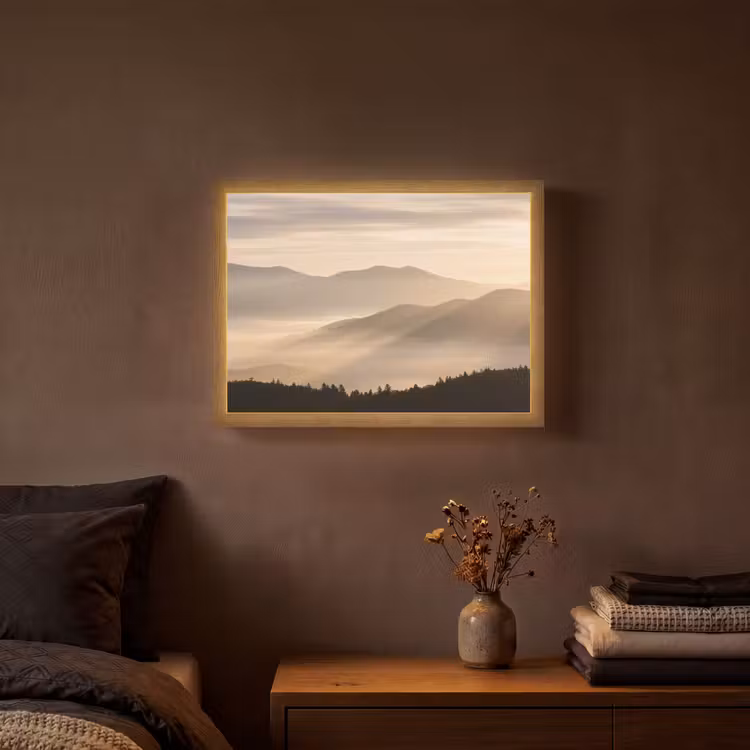 Bergen - Mist - Zonnestralen Light Box met batterij (Wandlamp) middel -sfeer4