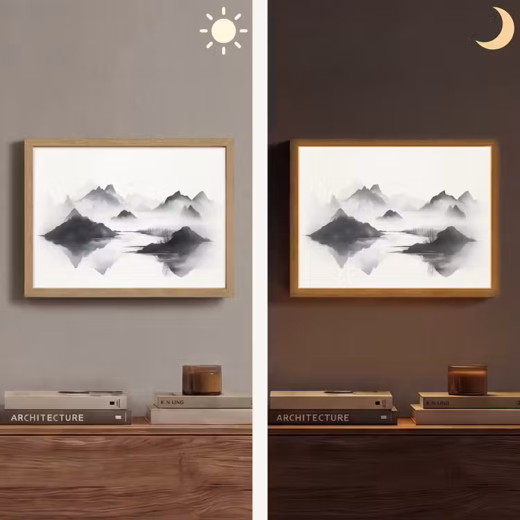 Bergen - Mistig - Water - Wit Light Box met batterij (Wandlamp) middel -sfeer3