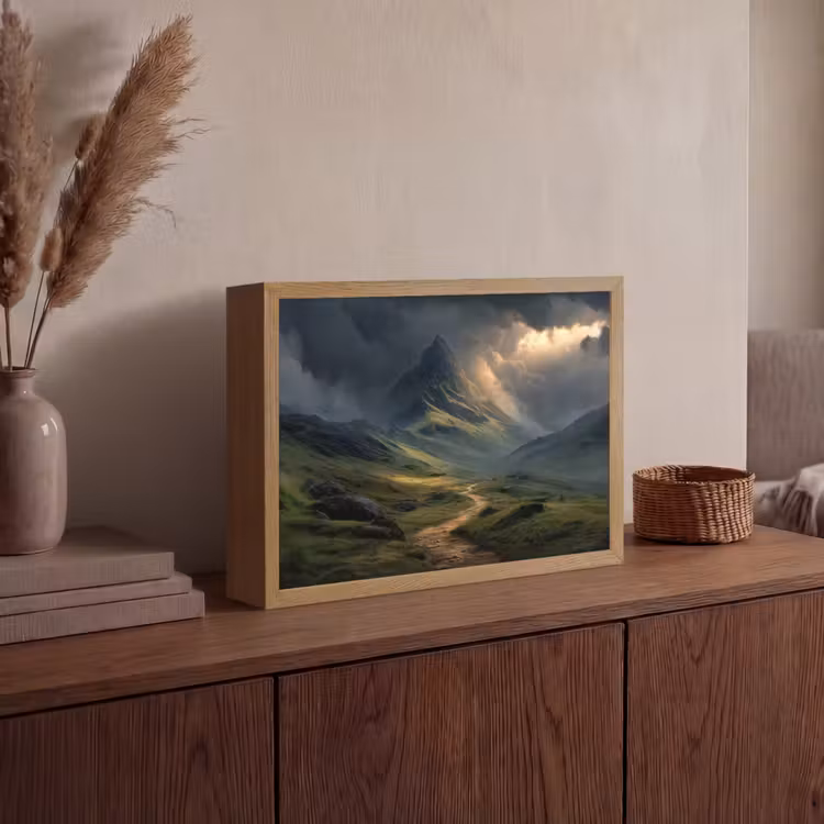 Bergen - Kronkelpad - Groen - Wolken Light Box met batterij (Wandlamp) middel -sfeer2