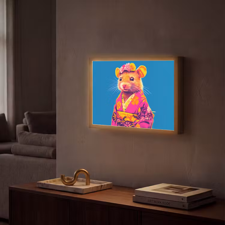 Muis - Kimono - Bloemen - Blauw Light Box met batterij (Wandlamp) middel -sfeer1