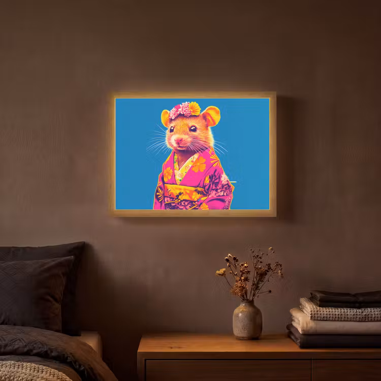 Muis - Kimono - Bloemen - Blauw Light Box met batterij (Wandlamp) middel -sfeer4