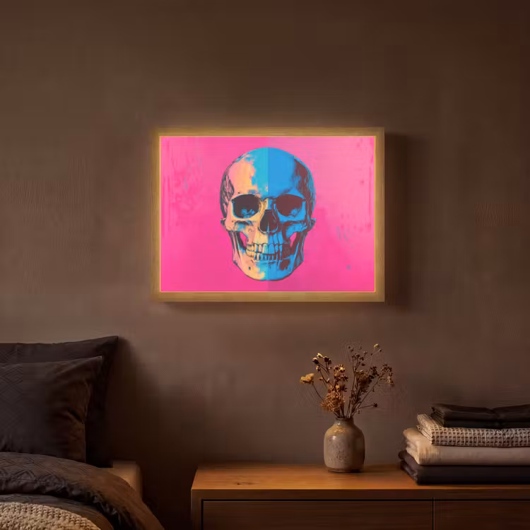 Neon - Blauw - Pop-art - Schedel Light Box met batterij (Wandlamp) middel -sfeer4