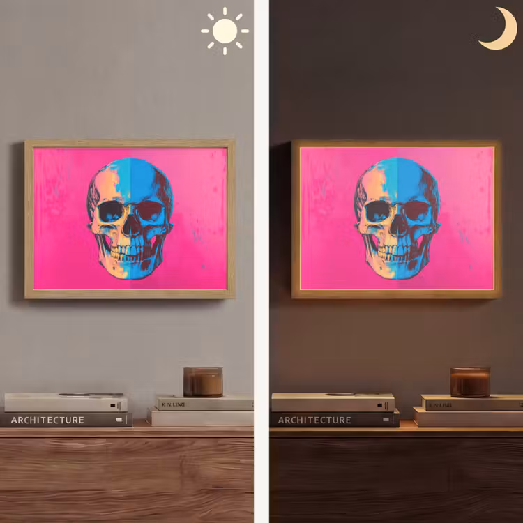 Neon - Blauw - Pop-art - Schedel Light Box met batterij (Wandlamp) middel -sfeer3
