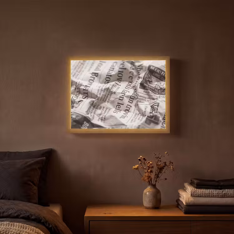 Krant - Gekreukeld - Textuur - Vintage - Zwart-wit Light Box met batterij (Wandlamp) middel -sfeer4