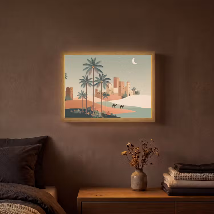 Nachtlandschap - Kamelen - Sterren - zandduinden Light Box met batterij (Wandlamp) middel -sfeer4