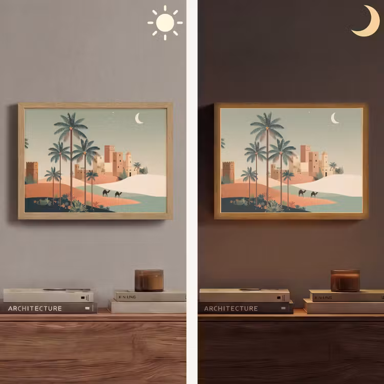 Nachtlandschap - Kamelen - Sterren - zandduinden Light Box met batterij (Wandlamp) middel -sfeer3