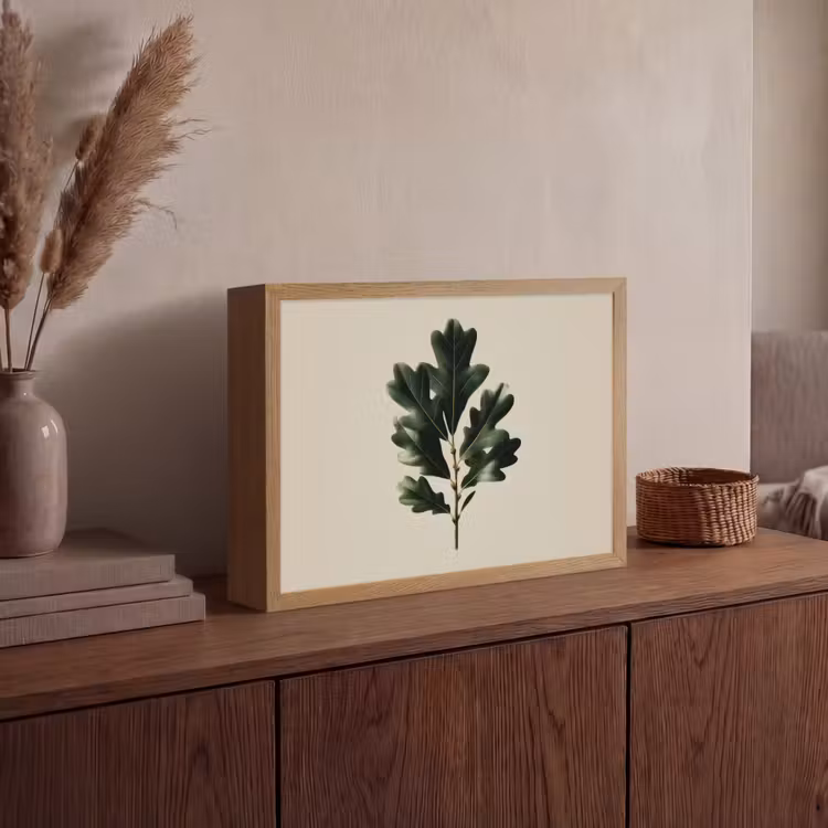 Eikenbladeren - Beige - Groen - Golvende randen Light Box met batterij (Wandlamp) middel -sfeer2