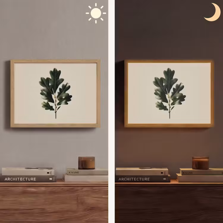 Eikenbladeren - Beige - Groen - Golvende randen Light Box met batterij (Wandlamp) middel -sfeer3