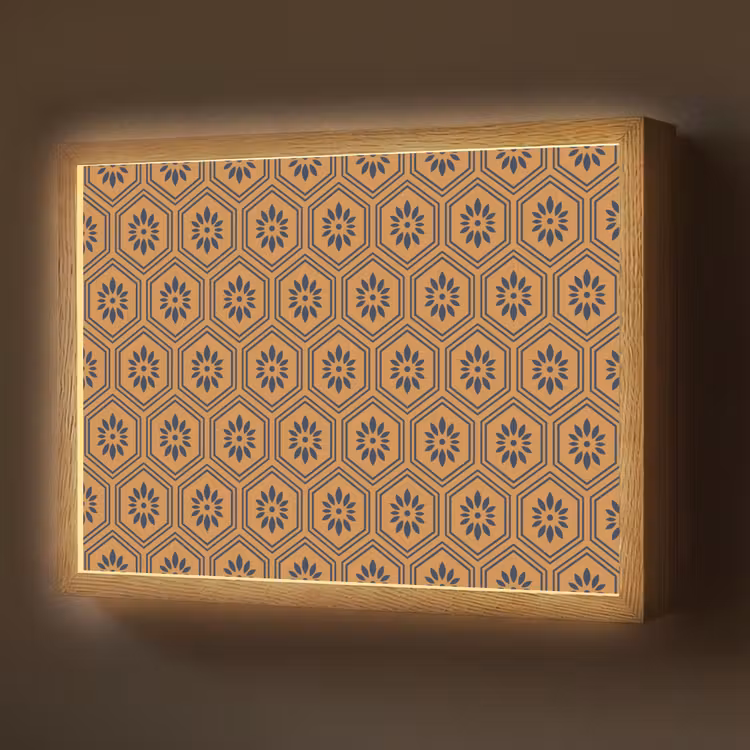 Okergeel - Patroon - Bloem - Donkerblauw Light Box met batterij (Wandlamp) middel 907 -z3d_website