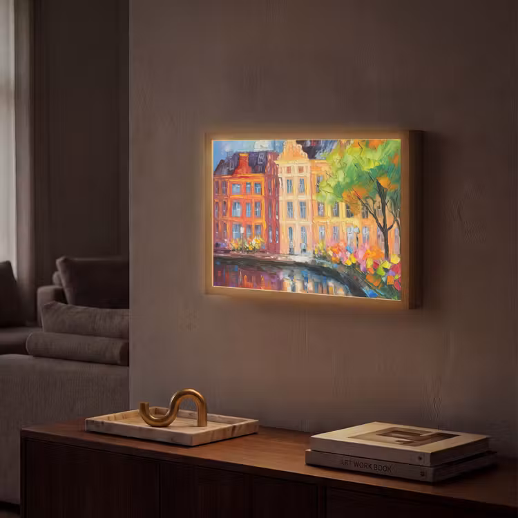 Olieverf - Amsterdam - Kunst - Kleurrijk Light Box met batterij (Wandlamp) middel -sfeer1