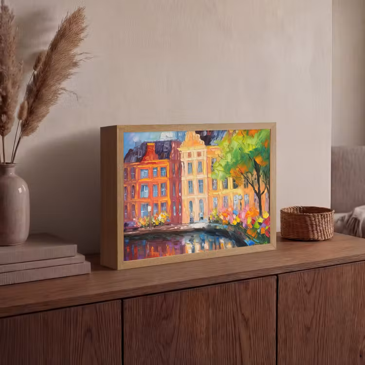 Olieverf - Amsterdam - Kunst - Kleurrijk Light Box met batterij (Wandlamp) middel -sfeer2