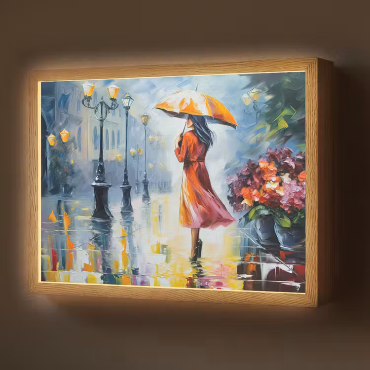 Olieverf - Paraplu - Vrouw - Straat - Kunst Light Box met batterij (Wandlamp) middel -z3d_website