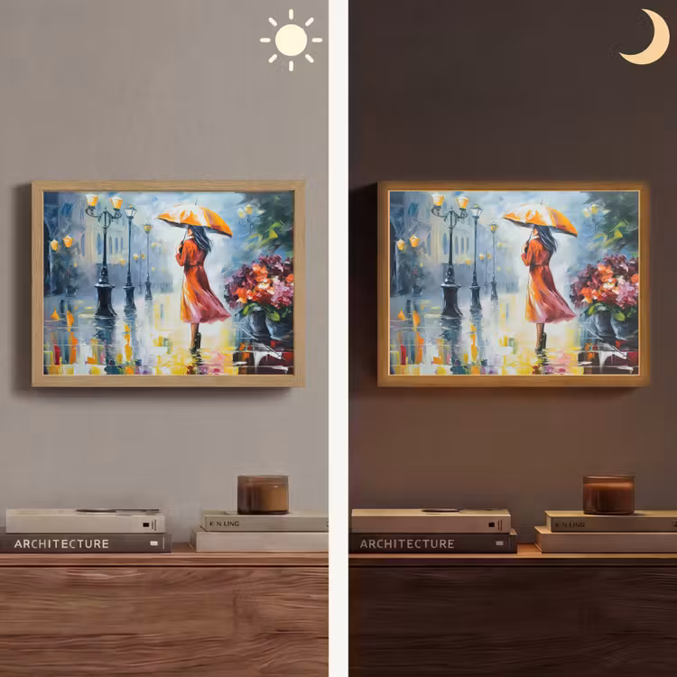 Olieverf - Paraplu - Vrouw - Straat - Kunst Light Box met batterij (Wandlamp) middel -sfeer3