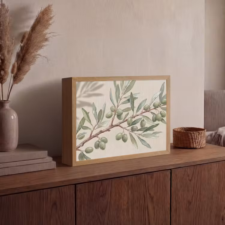 Olijftak - Bladeren - Natuur - Groen - Beige Light Box met batterij (Wandlamp) middel -sfeer2