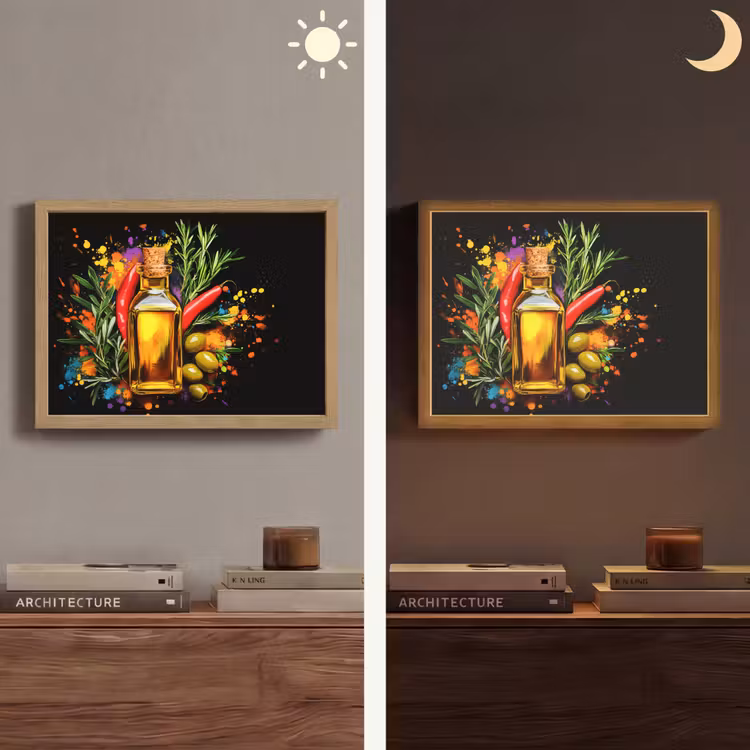 Olijfolie - Graffiti - Peper - Olijven - Modern Light Box met batterij (Wandlamp) middel -sfeer3