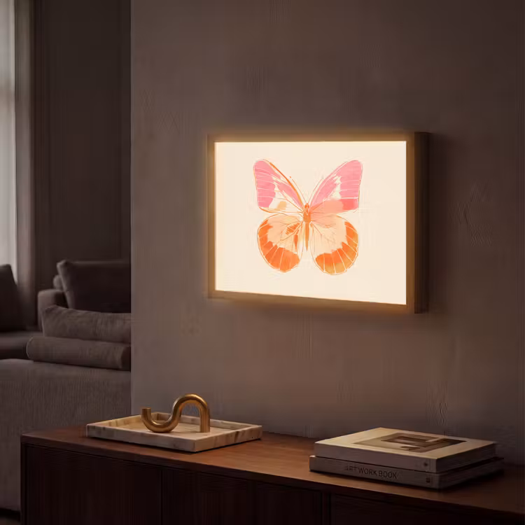 Oranje - Vlinder - Minimalistisch Light Box met batterij (Wandlamp) middel -sfeer1
