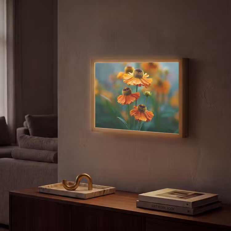 Oranje bloemen - Levendig - Wazige achtergrond Light Box met batterij (Wandlamp) middel -sfeer1