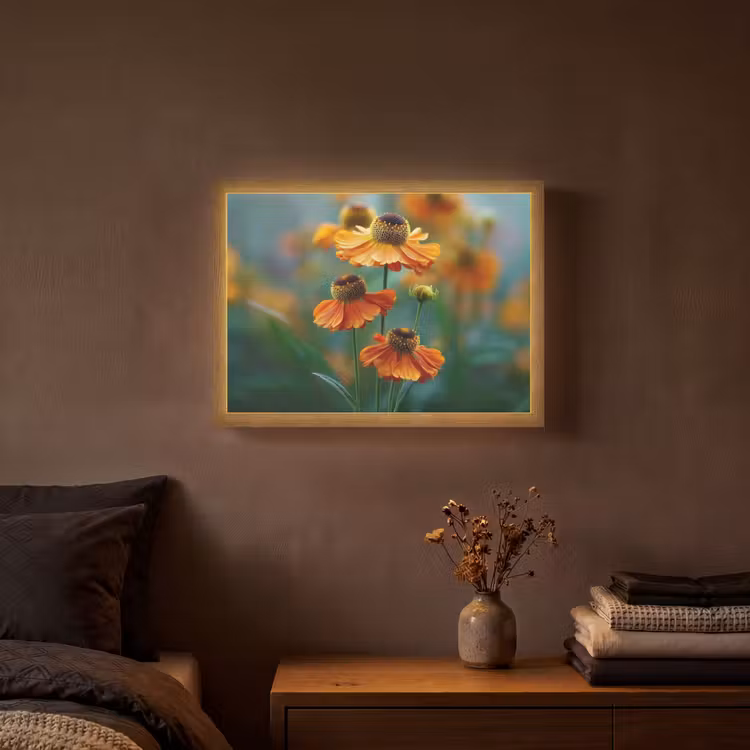 Oranje bloemen - Levendig - Wazige achtergrond Light Box met batterij (Wandlamp) middel -sfeer4