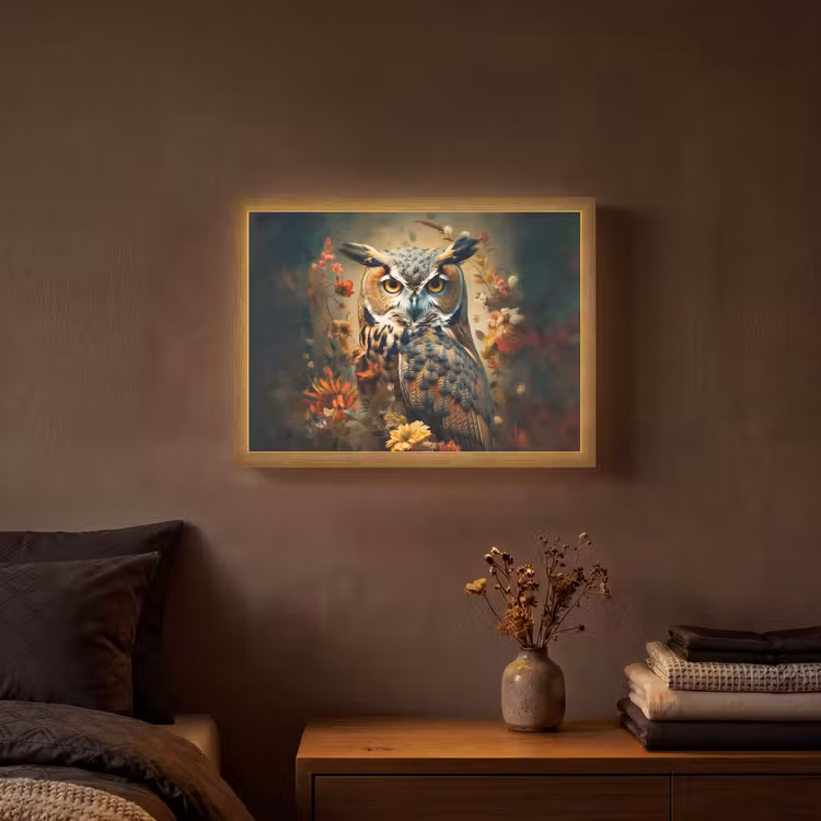 Uil - Vogel - Bloemen - Planten - Botanisch Light Box met batterij (Wandlamp) middel -sfeer4