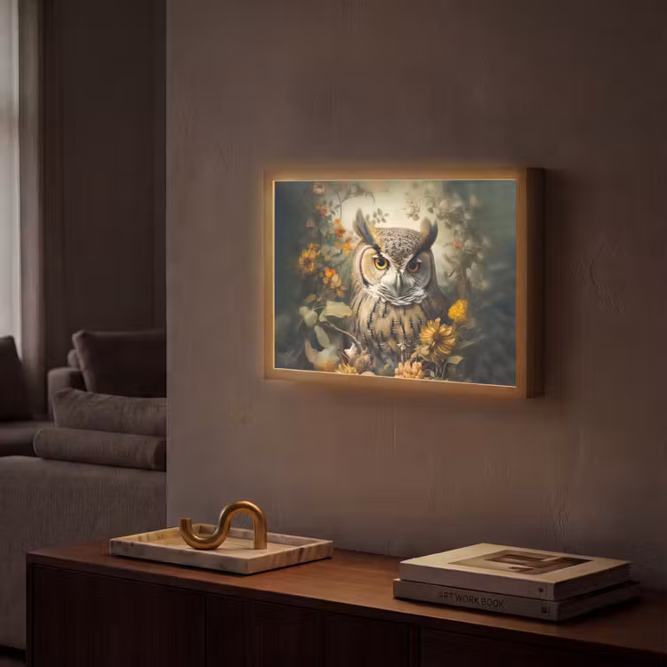 Uil - Vogels - Bloemen - Natuur Light Box met batterij (Wandlamp) middel -sfeer1