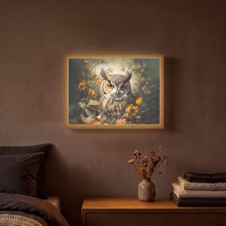 Uil - Vogels - Bloemen - Natuur Light Box met batterij (Wandlamp) middel -sfeer4