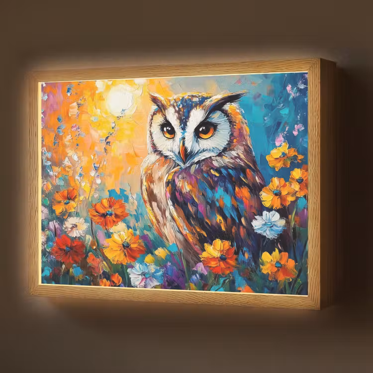 Uil - Bloemen - Kunst - Zonsondergang Light Box met batterij (Wandlamp) middel -z3d_website
