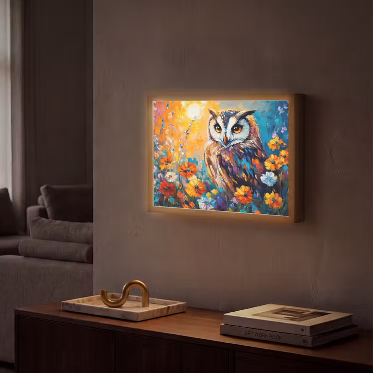 Uil - Bloemen - Kunst - Zonsondergang Light Box met batterij (Wandlamp) middel -sfeer1