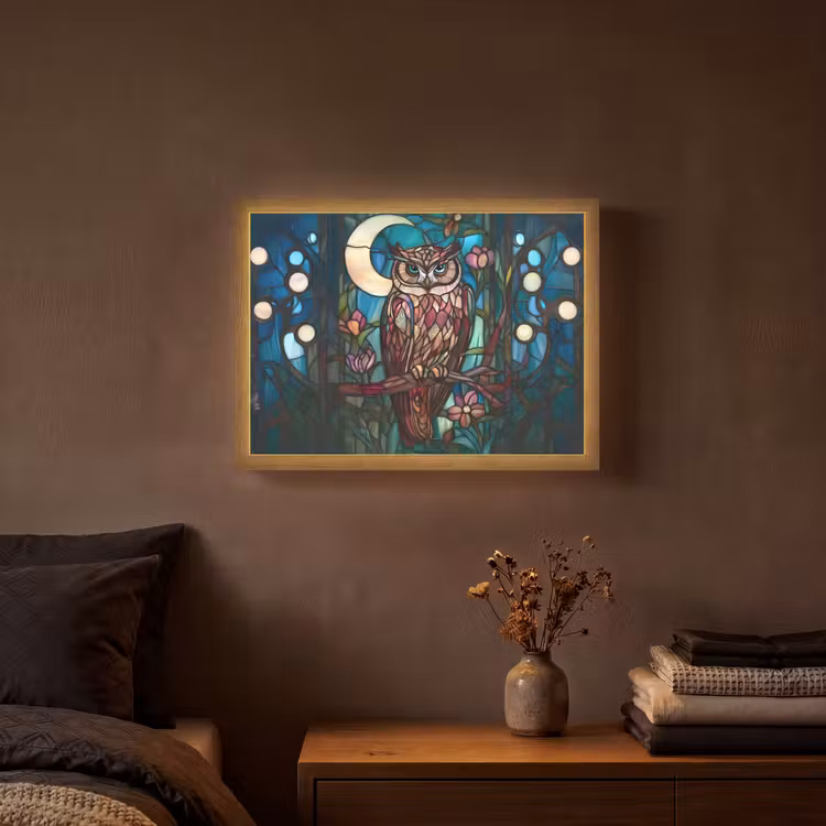 Uil - Mozaïek - Maan - Nacht Light Box met batterij (Wandlamp) middel -sfeer4