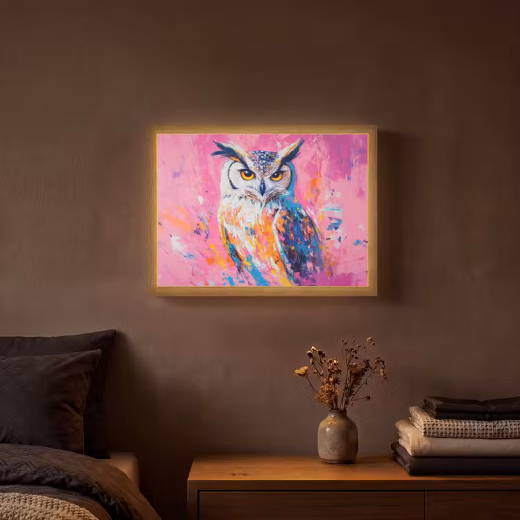 Uil - Roze - Blauw - Verf - Abstract Light Box met batterij (Wandlamp) middel -sfeer4