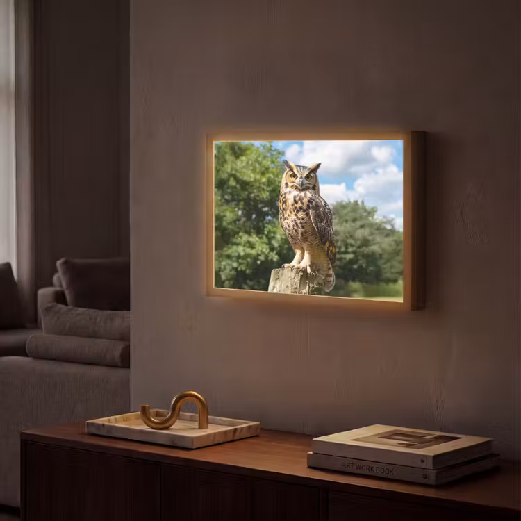 Uil - Boomstronk - Bos - Lucht Light Box met batterij (Wandlamp) middel -sfeer1