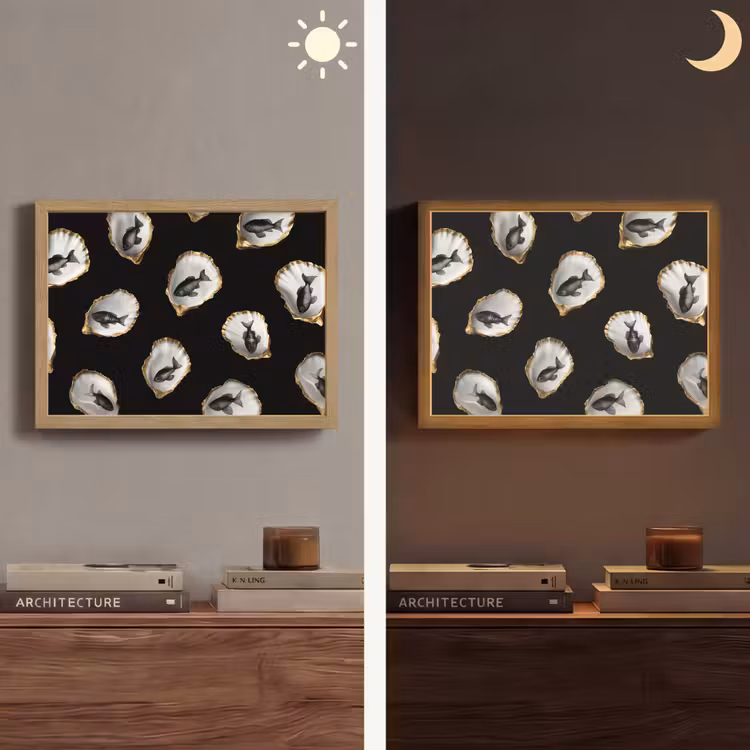 Oesters - Zwart - Vissen - Goud Light Box met batterij (Wandlamp) middel -sfeer3