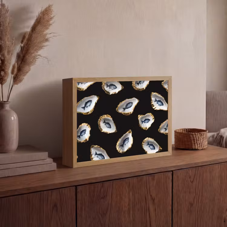 Oesters - Vissen - Blauw - Goud Light Box met batterij (Wandlamp) middel -sfeer2