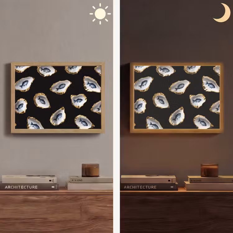 Oesters - Vissen - Blauw - Goud Light Box met batterij (Wandlamp) middel -sfeer3