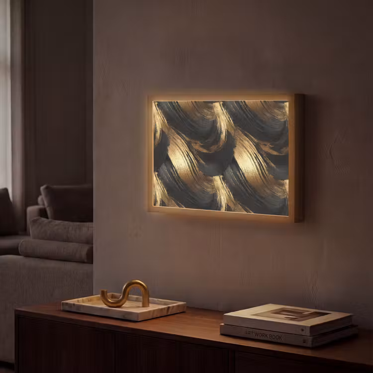 Verfstreken - Abstract - Goud - Zwart Light Box met batterij (Wandlamp) middel 907 -sfeer1