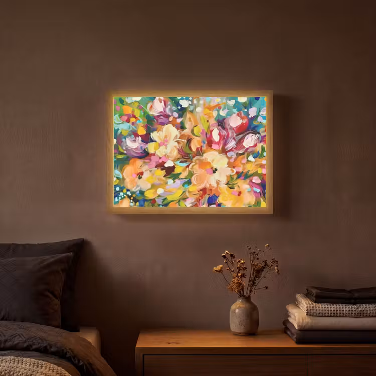 Schilderij - Olieverf - Bloemen - Regenboog Light Box met batterij (Wandlamp) middel -sfeer4