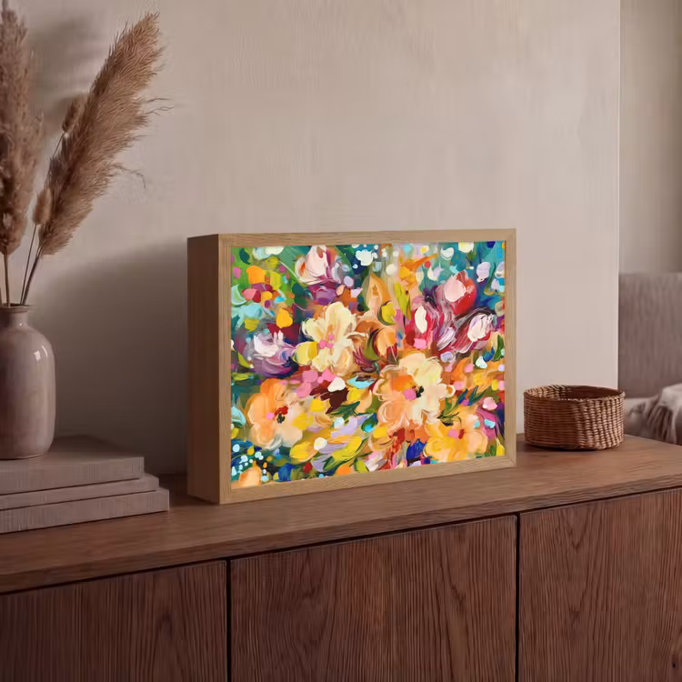 Schilderij - Olieverf - Bloemen - Regenboog Light Box met batterij (Wandlamp) middel -sfeer2