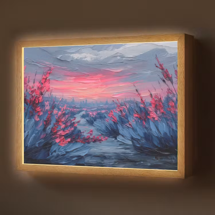 Schilderij - Zonsondergang - Bloemen - Rivier Light Box met batterij (Wandlamp) middel -z3d_website