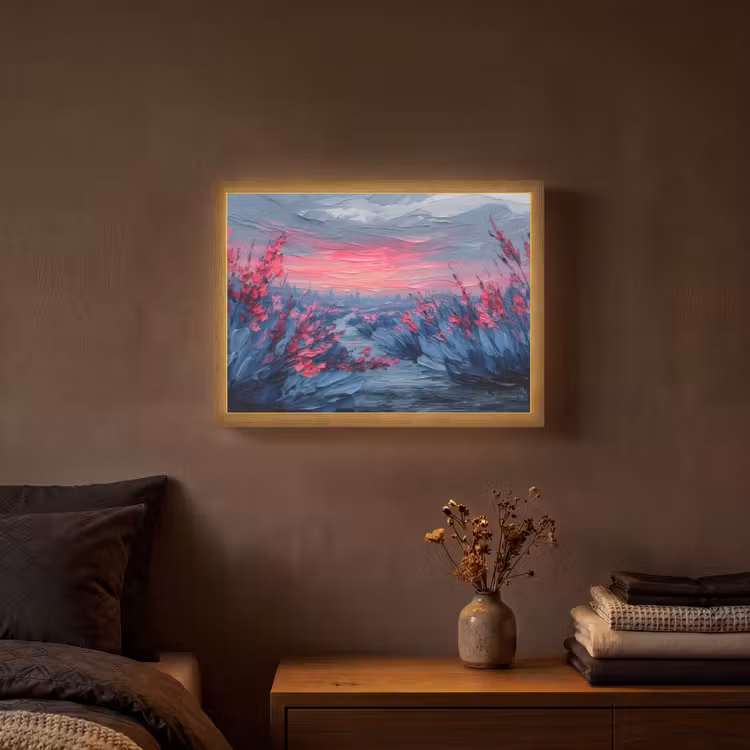 Schilderij - Zonsondergang - Bloemen - Rivier Light Box met batterij (Wandlamp) middel -sfeer4