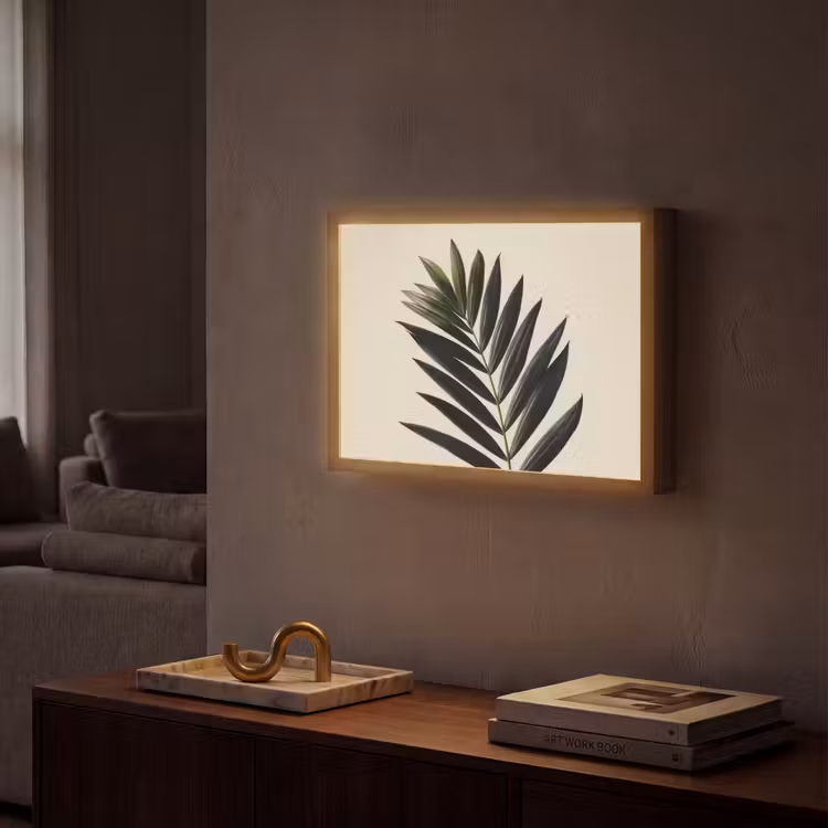 Palmblad - Donkere bladen - Subtiel Light Box met batterij (Wandlamp) middel -sfeer1