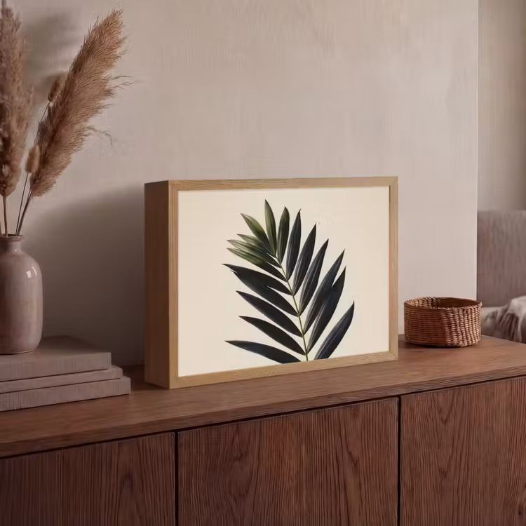 Palmblad - Donkere bladen - Subtiel Light Box met batterij (Wandlamp) middel -sfeer2